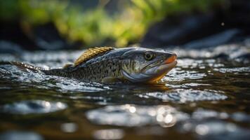 A close-up of a fish swimming in a clear stream, showcasing its vibrant colors and details. photo
