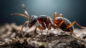 A close-up of an ant on a textured surface, showcasing its details and natural habitat. photo