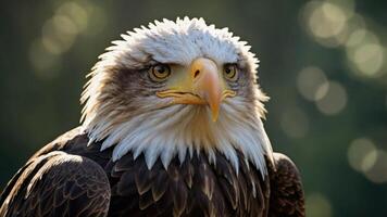 A close-up of a majestic eagle showcasing its sharp features and intense gaze. photo