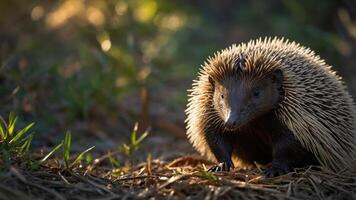 A close-up of an echidna in a natural setting, showcasing its unique spiny texture. photo