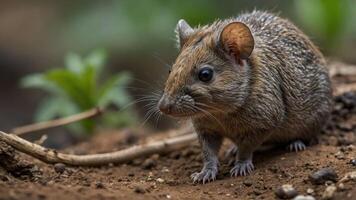 A close-up of a small rodent on the ground, highlighting its features and habitat. photo