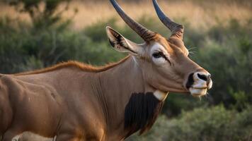 A close-up of an antelope with prominent horns in a natural setting. photo