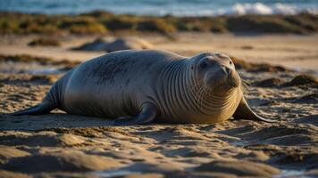 A seal resting on the beach, basking in the sun near the ocean. photo