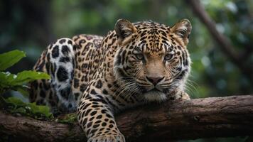 A close-up of a resting jaguar on a tree branch in a lush, green environment. photo