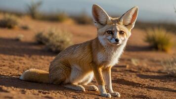 A fennec fox sitting on sandy terrain, showcasing its large ears and expressive eyes. photo