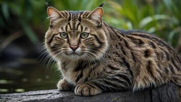 A close-up of a wild cat resting on a log near water, showcasing its striking fur pattern. photo