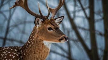 A close-up of a deer with antlers in a winter forest setting. photo