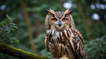 A majestic owl perched on a branch, showcasing its striking orange eyes and detailed feathers. photo