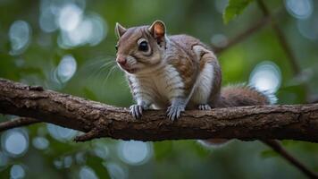 A close-up of a squirrel perched on a branch in a natural setting. photo