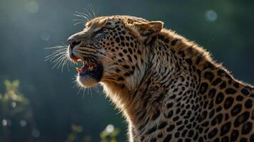 A close-up of a leopard roaring, showcasing its powerful features and striking fur patterns. photo