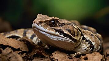 A close-up of a snake resting on dry leaves in a natural environment. photo