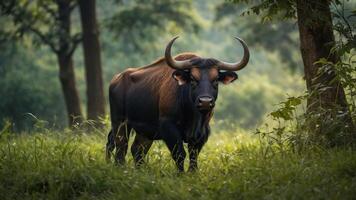 A majestic bull stands in a lush green landscape, surrounded by trees and soft lighting. photo