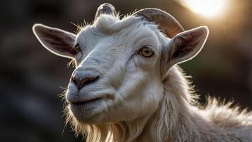 A close-up of a goat's face, showcasing its expressive features and textured fur. photo