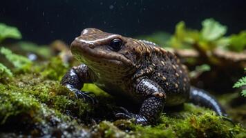 A close-up of a textured amphibian resting on moss in a natural setting. photo
