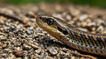 A close-up of a snake resting on gravel, showcasing its intricate scales and patterns. photo