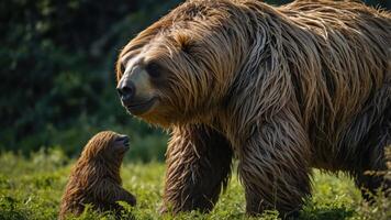 A sloth and its young one interact in a lush green environment. photo