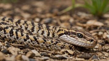 A close-up of a patterned snake resting on the ground. photo