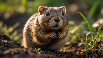 A close-up of a cute, fluffy animal in a natural setting, showcasing its curious expression. photo