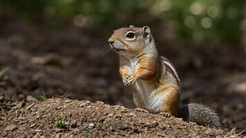 A close-up of a squirrel standing on a dirt mound, showcasing its features in a natural setting. photo