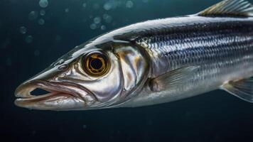 Close-up of a fish showcasing its iridescent scales and detailed features underwater. photo