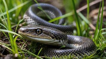 A close-up of a snake resting on grass in a natural setting. photo