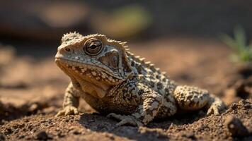 A close-up of a textured toad resting on the ground in a natural environment. photo