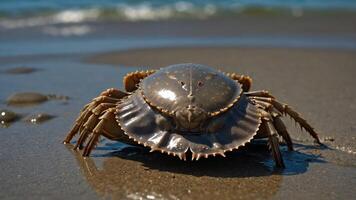 A close-up of a crab on a sandy beach, showcasing its shell and environment. photo