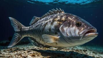 A close-up of a speckled fish swimming in clear ocean water. photo