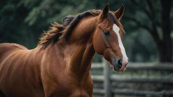 A close-up of a majestic brown horse with a flowing mane in a natural setting. photo