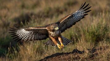 A hawk in mid-flight, showcasing its wingspan and hunting prowess in a natural setting. photo