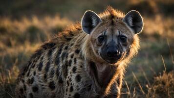 A close-up of a hyena in a natural setting, showcasing its distinctive features and fur. photo