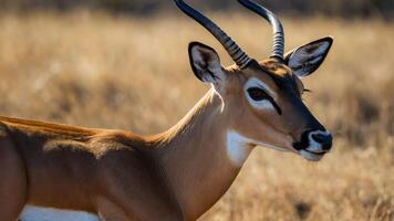 A close-up of an antelope in a grassy field, showcasing its features and habitat. photo