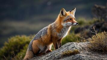 A majestic fox sits on a rock, showcasing its vibrant fur and alert demeanor in nature. photo