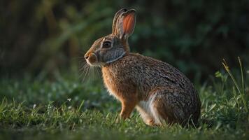 A rabbit sitting on grass in a natural setting during golden hour. photo