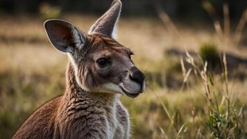 A close-up of a kangaroo in a natural setting, showcasing its features and habitat. photo