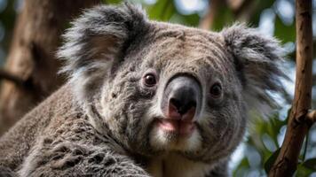 A close-up of a koala perched on a tree branch, showcasing its unique features and expression. photo
