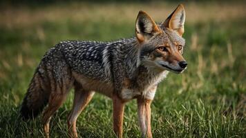 A close-up of a coyote standing in a grassy field, showcasing its features and environment. photo