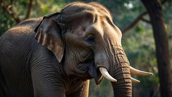 A close-up of an elephant showcasing its features in a natural setting. photo