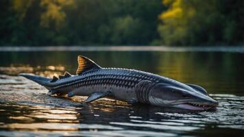 A sturgeon swims gracefully in a calm river at sunset, showcasing its unique features. photo