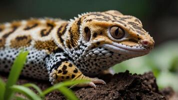 A close-up of a leopard gecko showcasing its unique patterns and textures. photo