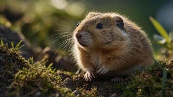 A close-up of a small, furry rodent in a natural setting, showcasing its features and habitat. photo