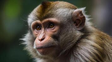 A close-up of a monkey displaying thoughtful expression in a natural setting. photo