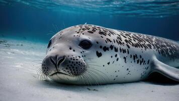 A close-up of a spotted seal resting on the ocean floor, showcasing its expressive features. photo