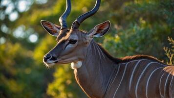 A close-up of a kudu, showcasing its distinctive horns and striped coat in a natural setting. photo
