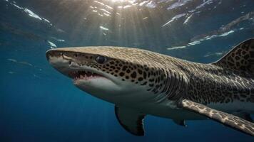 A close-up of a leopard shark swimming underwater, showcasing its unique patterns. photo
