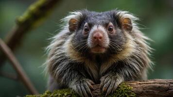 A close-up of a furry animal with distinctive features, resting on a branch in a natural setting. photo