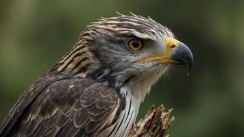 A close-up of a hawk showcasing its sharp features and striking plumage. photo