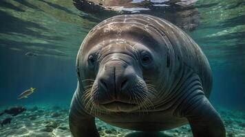 A close-up of a sea lion swimming underwater, showcasing its features and habitat. photo
