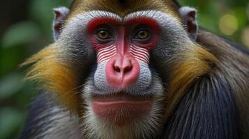 Close-up portrait of a mandrill with vibrant colors and expressive features. photo