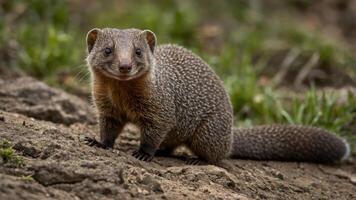 A close-up of a mongoose standing on the ground, showcasing its fur and curious expression. photo